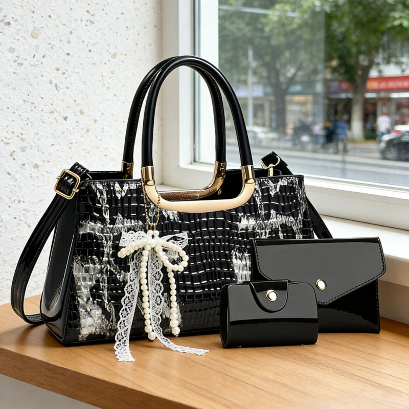 Women Accessories To Gift - Kadın Çanta Seti, Timsah Desenli Gece